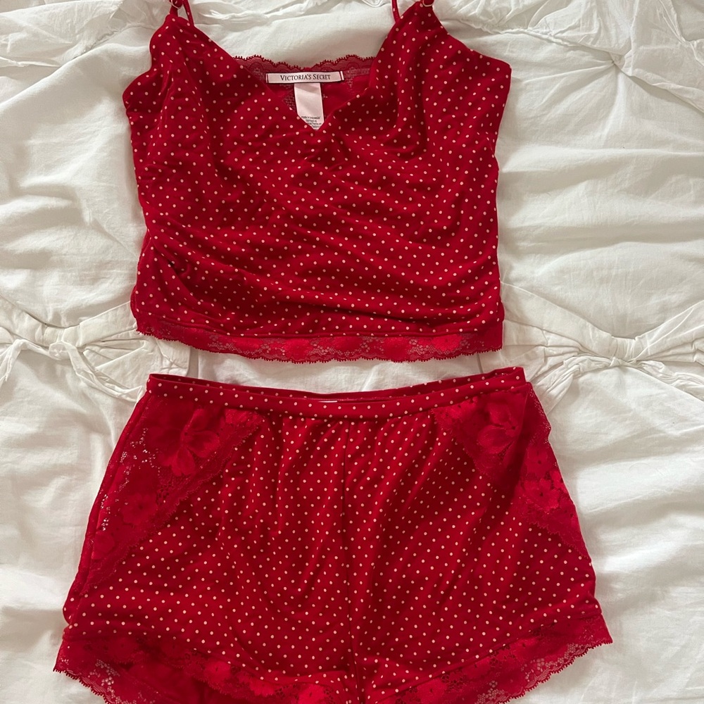Victoria's Secret Red Polka Dot Lace Pajama Set